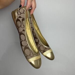 Coach Cecile y2k brown canvas signature monogram and gold leather ballet flats